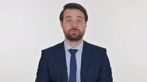 Middle Aged Businessman inviting People on White Background