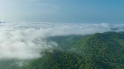 Aerial view morning scenery Mist flowing over the high mountains.