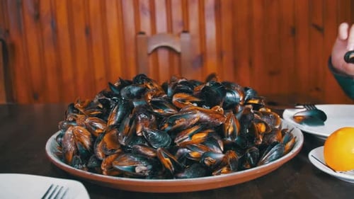 Seafood Mussels on a Plate In a Restaurant