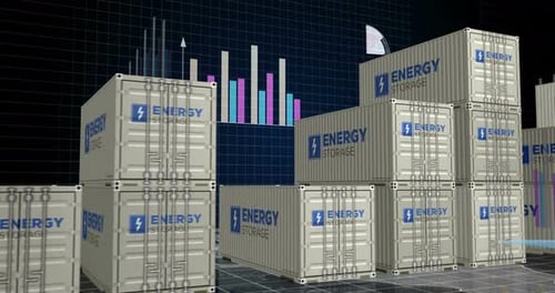 Energy storage cargo containers with charts and diagrams