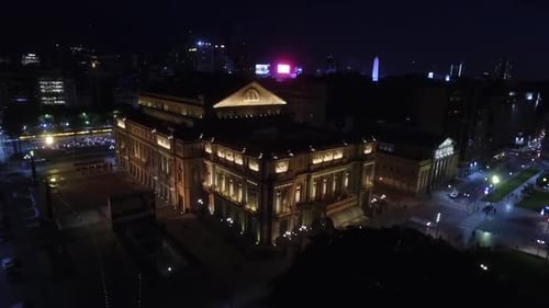 Aerial night view of the Colon theater. Buenos Aires, Argentina.