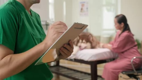 Animal Doctor Filling Medical Document of Sick Dog
