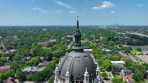 Cathedral of Saint Paul with city skyline. Aerial view of St. Paul, Minnesota during summer. Ornate