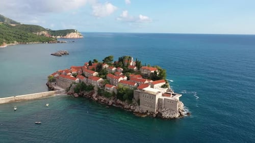 Amazing Aerial Around View of Sveti Stefan Resort Island in Montenegro Drone Video The Small Old