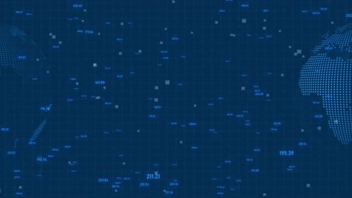 Futuristic Digital Data Flow with Numeric Grid and Rotating Globes