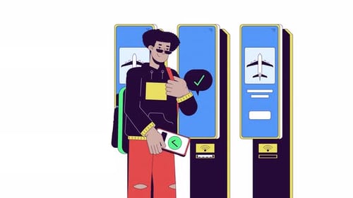 Animated Traveler Checking In At Airport Kiosk