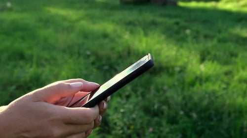 Primer plano de manos femeninas usando un teléfono inteligente Fondo de la naturaleza Mujer usando un teléfono móvil al atardecer