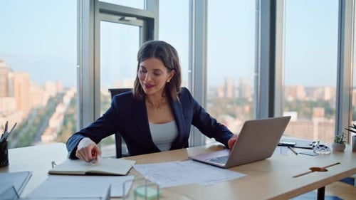 Smiling Employee Working Computer Enjoying Successful Project Happy Woman