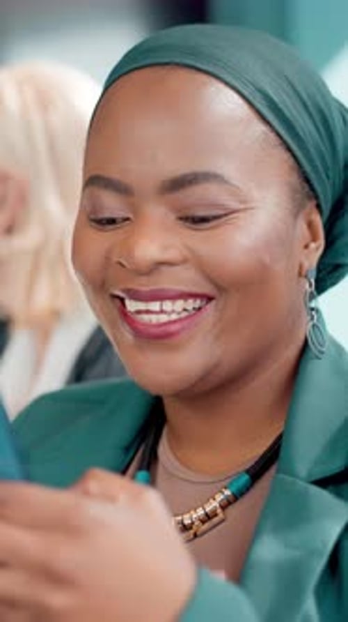 Woman, laugh or scroll with phone in office for social media joke, funny conversation or gossip