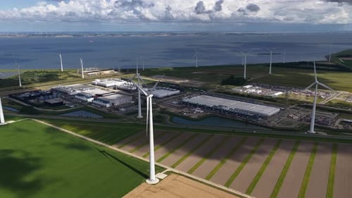 Massive data center, computing center, aerial video in the Eemshaven, The Netherlands.