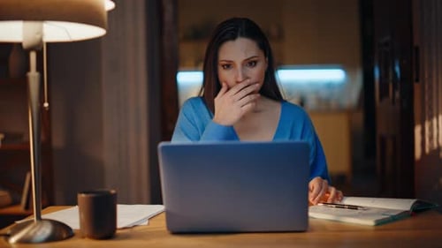 Hopelessness Woman Closing Laptop Sitting Evening Home Feeling Despair Closeup