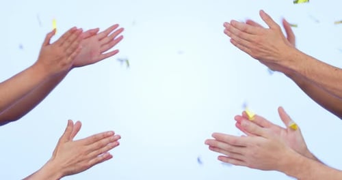 Applause, confetti and celebration, hands in studio for motivation and win success