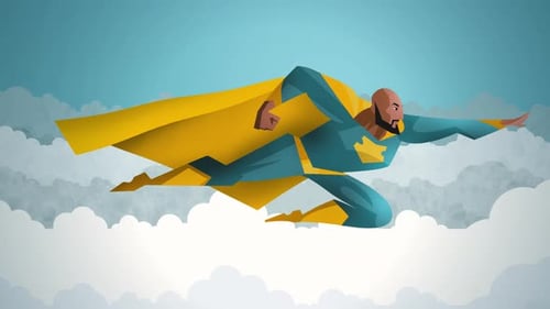 Black comic superhero flying with a cape over the sky