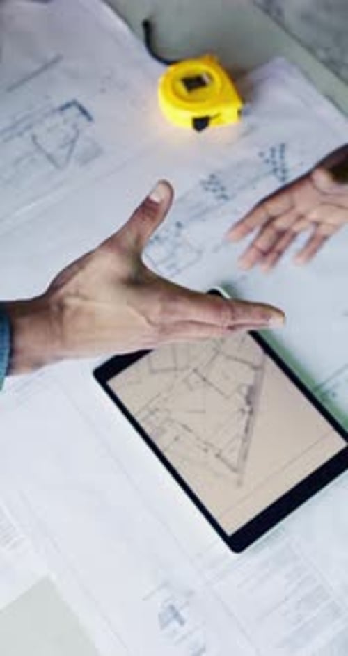 Apretón de manos, pantalla de tableta y hombres con planos para la construcción, la planificación y el proyecto de construcción