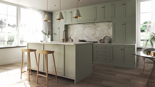 Modern Kitchen with Green Cabinets and Marble Backsplash