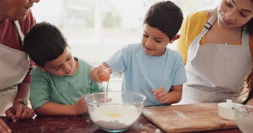 Family Baking Together in Bright Home Kitchen