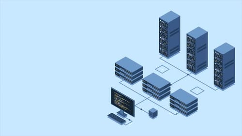 Isometric monitoring big data storage animation. Data transmission technology. Online hosting