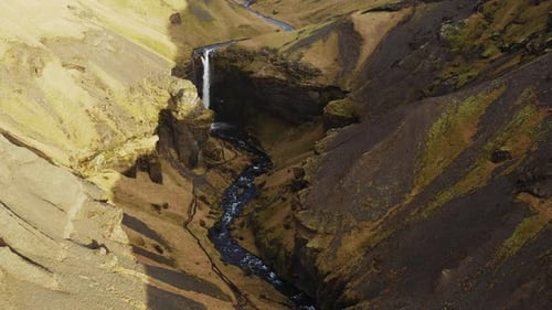 Aerial of Spectacular Kvernufoss Waterfall Picturesque Scenery of South Iceland