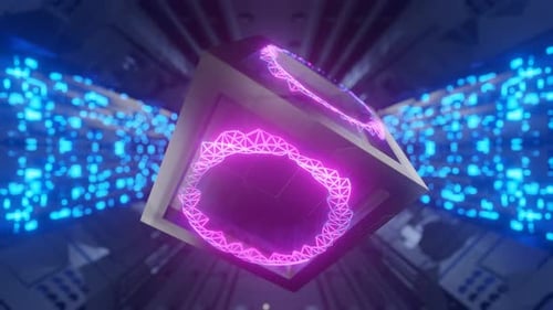 Rotation de cubes dans un tunnel abstrait. Concept de blockchain. Contexte des données.