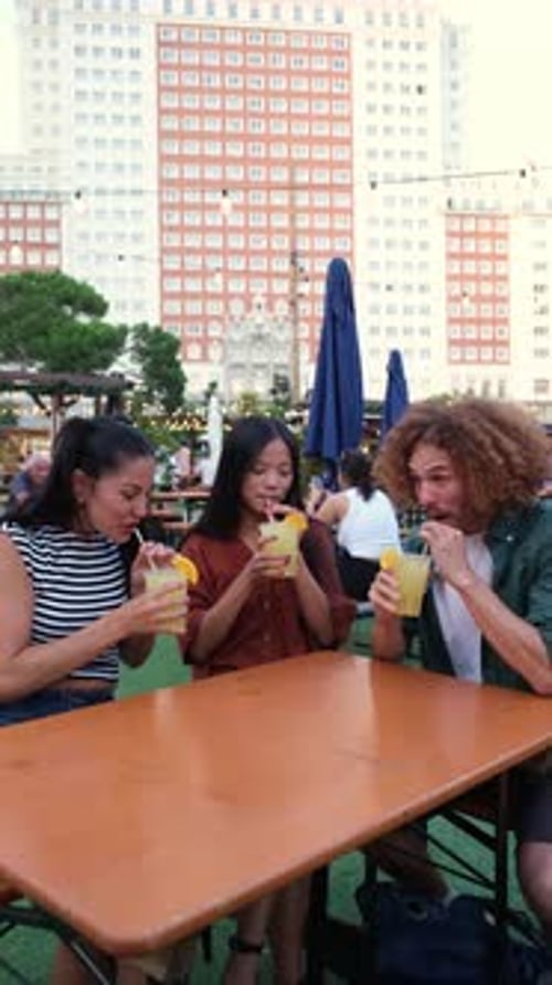 Friends toasting and drinking cocktails at a bar terrace