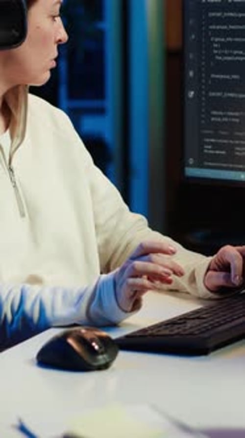 Un experto en ciberseguridad de vídeo vertical lleva auriculares y utiliza un ordenador para corregir las exposiciones de seguridad