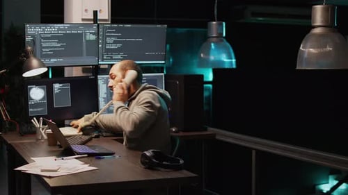 Male App Developer Answering Landline Phone Call Late at Night