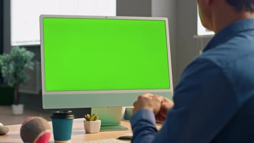 Manager Talking Mockup Computer at Video Call Unknown Man Looking Green Screen