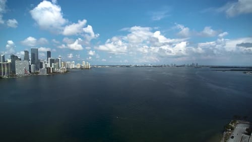 Aerial drone captures biscayne bay and downtown Miami skyline from above