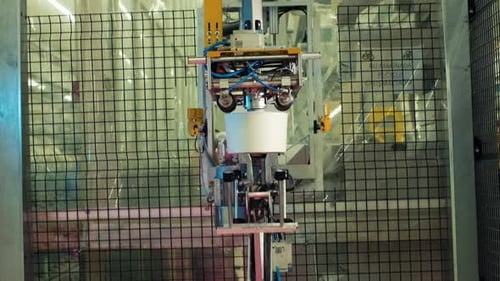 Yarn and Fabric Textile Factory. Yarn creel spools getting packed in an automatic machine in textile