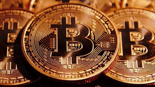 Close Up of Gold Bitcoin Cryptocurrency Coins