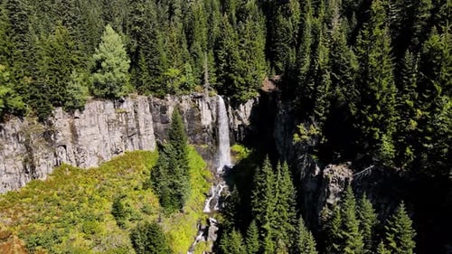 Aerial View of Waterfall Flowing Through Forest
