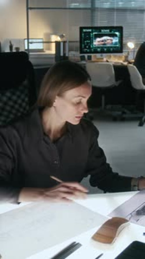 Vertical of Female Car Engineer Working on Vehicle Blueprint at Desk