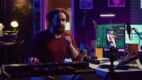 Man Plays Keyboard in Music Studio, Records Video