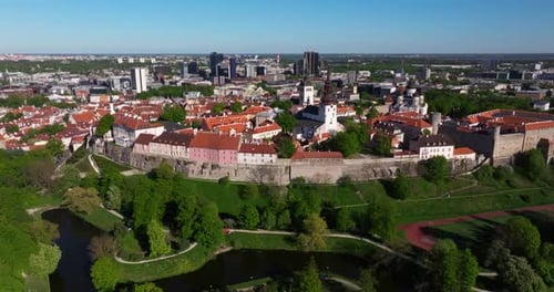 Historic Walls of Tallinn, Estonia - Scenic Establishing Drone Shot. Summer Day