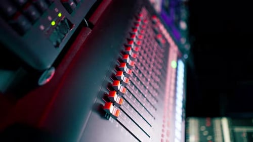 Vertical Video Close Up the Recording Room is Dark with Neon Lighting Prorecording Remote Control
