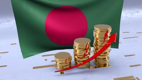 Bangladesh Flag With Gold Coins Tower And Up Arrow