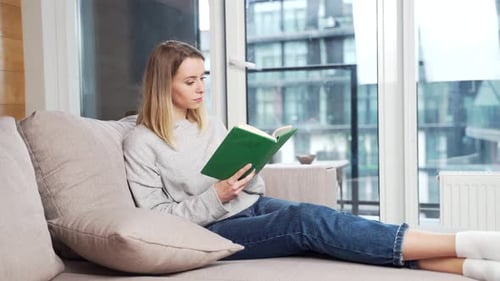 Woman Reads Book on Couch in Cozy Living Room