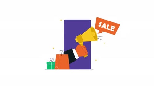 Marketing Sale Announcement with Megaphone and Shopping Items