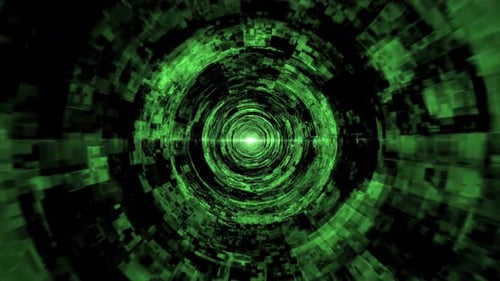 Moving through green tunnel made of digital glitch elements with bright light effect