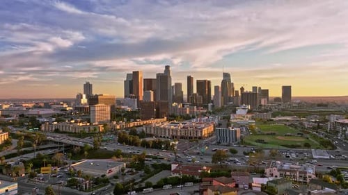 LA Skyscrapers in Dusk Sunset in Los Angeles Aerial Flight Above Downtown LA Sunset Over California