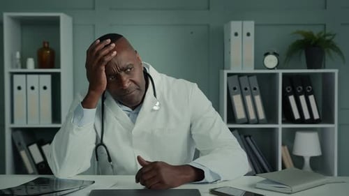 Worried Doctor in Office Rubbing His Forehead