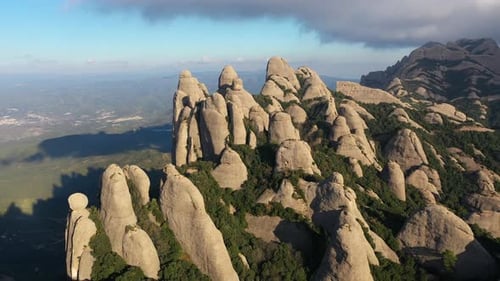 Aerial views of Montserrat peaks, a mountain range in Catalonia. Montserrat conglomerate crags