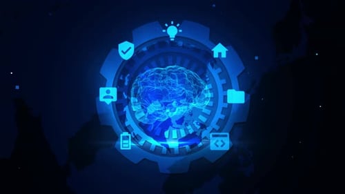 Futuristic Digital Brain With Technology Icons In A Blue Themed Interface