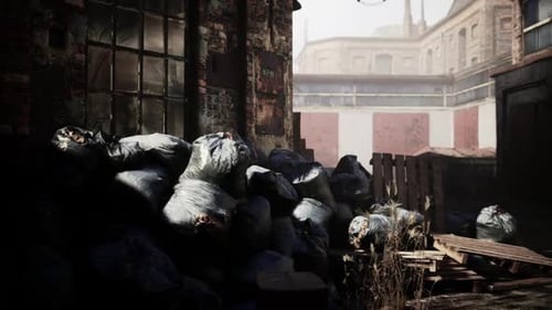 Abandoned Factory Ruins with Collapsing Brick Buildings and Trash Piles