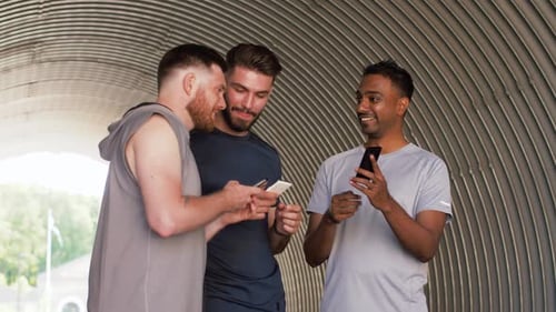 Three Young Men Looking at Smartphones Together Outdoors