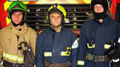 Three Firefighters in Protective Gear Stand Together