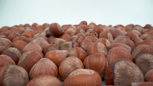 Falling Shelled Hazelnuts on White Surface