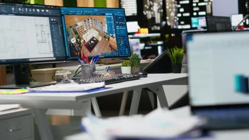 Professional Interior Design Workspace Showing Modern Computer Monitors