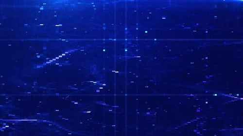 Futuristischer abstrakter Glitch-Bildschirm mit VHS-Rauschen und Fraktalwellen: Blauer Tech-Hintergrund mit Zahl