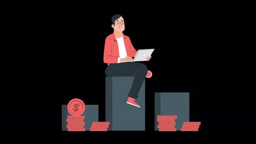 Animated Man Working on Laptop with Financial Growth Chart